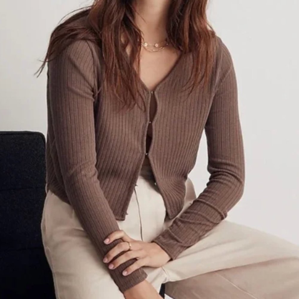 Madewell Ribbed Cropped Cardigan, Brown, XS